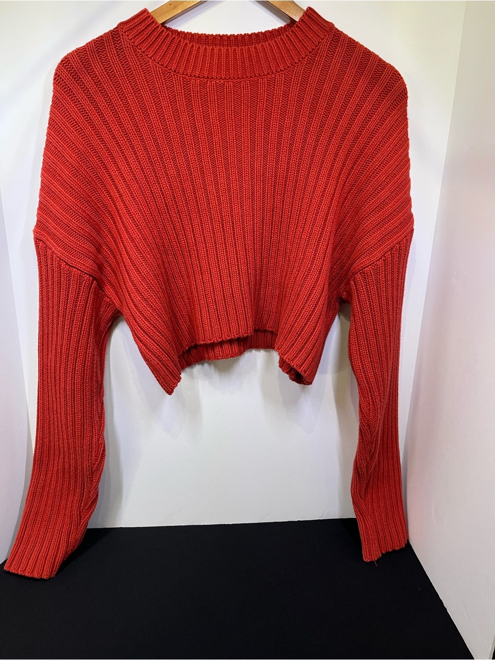 Zara Burnt Orange/Rust Ribbed Cropped Crewneck Sweater